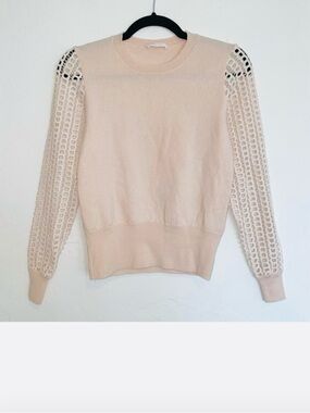 New See by Chloe Wool Knit Sweater Blush Soft Pink Crewneck Lace-paneled Sleeves